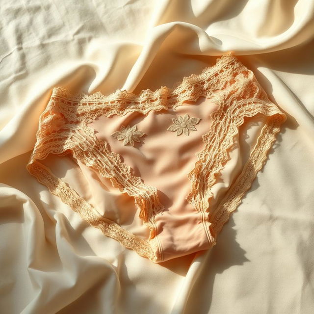 A close-up view of a pair of delicate, transparent panties placed delicately on a soft, luxurious fabric backdrop