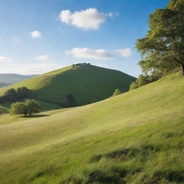 A peaceful, verdant hill bathed in soft, warm sunlight with clear, blue skies overhead.