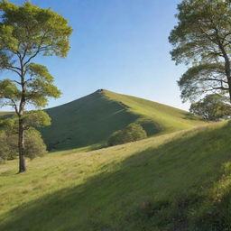 A peaceful, verdant hill bathed in soft, warm sunlight with clear, blue skies overhead.