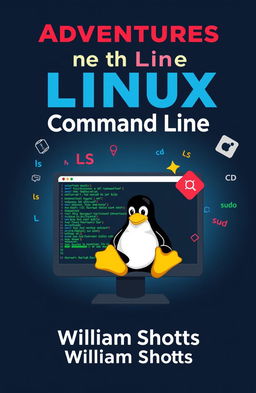 A visually engaging book cover for 'Adventures with the Linux Command Line' by William Shotts