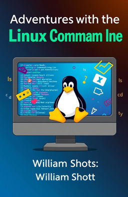 A visually engaging book cover for 'Adventures with the Linux Command Line' by William Shotts