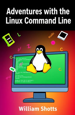A visually engaging book cover for 'Adventures with the Linux Command Line' by William Shotts