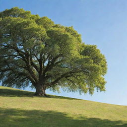 A peaceful, verdant hill bathed in soft, warm sunlight with clear, blue skies overhead.