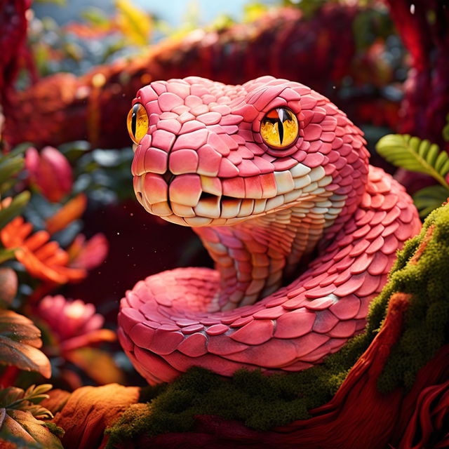 A vibrant pink snake in Pixar animation style set against a lush jungle backdrop. The snake has large expressive eyes and an endearing demeanor, exuding classic Pixar movie vibes.