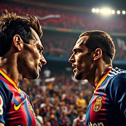 A detailed, close-up view of a key moment in an El Clasico match featuring players from Barcelona and Real Madrid facing off