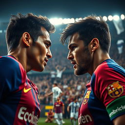 A detailed, close-up view of a key moment in an El Clasico match featuring players from Barcelona and Real Madrid facing off