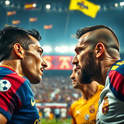 A detailed, close-up view of a key moment in an El Clasico match featuring players from Barcelona and Real Madrid facing off