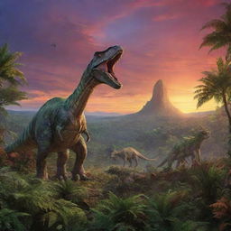 A vibrant prehistoric landscape from 65 million years ago, featuring lush fern forests, colossal dinosaurs roaming the land, and a vividly colorful sunset sky.