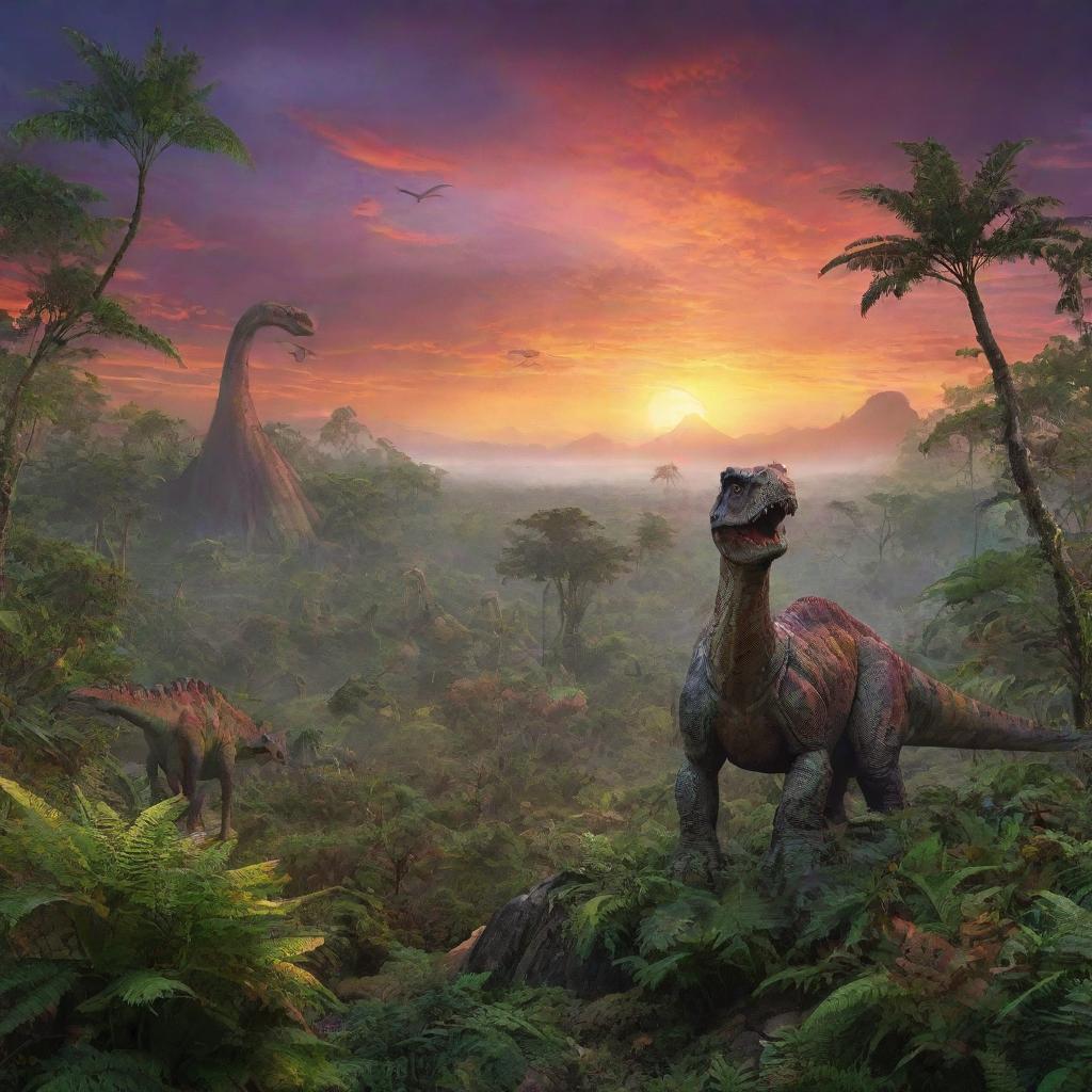 A vibrant prehistoric landscape from 65 million years ago, featuring lush fern forests, colossal dinosaurs roaming the land, and a vividly colorful sunset sky.