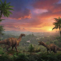 A vibrant prehistoric landscape from 65 million years ago, featuring lush fern forests, colossal dinosaurs roaming the land, and a vividly colorful sunset sky.