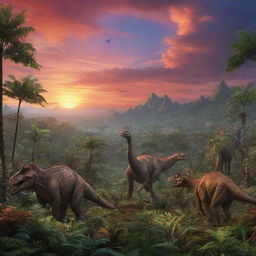 A vibrant prehistoric landscape from 65 million years ago, featuring lush fern forests, colossal dinosaurs roaming the land, and a vividly colorful sunset sky.