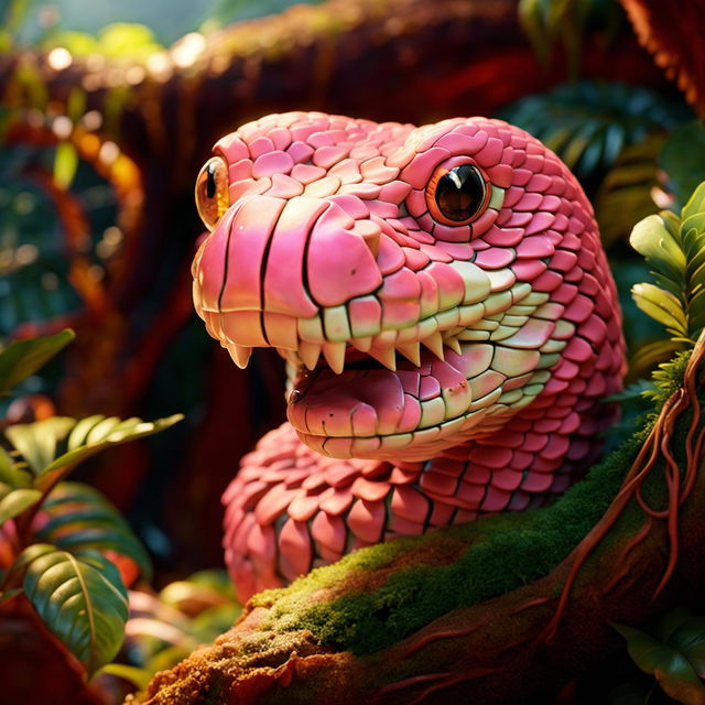 A pink snake with an adorable face, designed in Pixar animation style, set in a lush jungle. The snake's face is reminiscent of classic Pixar characters, enhancing the nostalgic movie vibes.