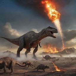 The previously serene prehistoric landscape from 65 million years ago now transformed as a meteor plummets down, illuminating the sky. Dinosaurs scatter in every direction, creating a startling scene of chaos and movement.