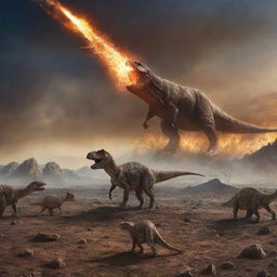 The previously serene prehistoric landscape from 65 million years ago now transformed as a meteor plummets down, illuminating the sky. Dinosaurs scatter in every direction, creating a startling scene of chaos and movement.