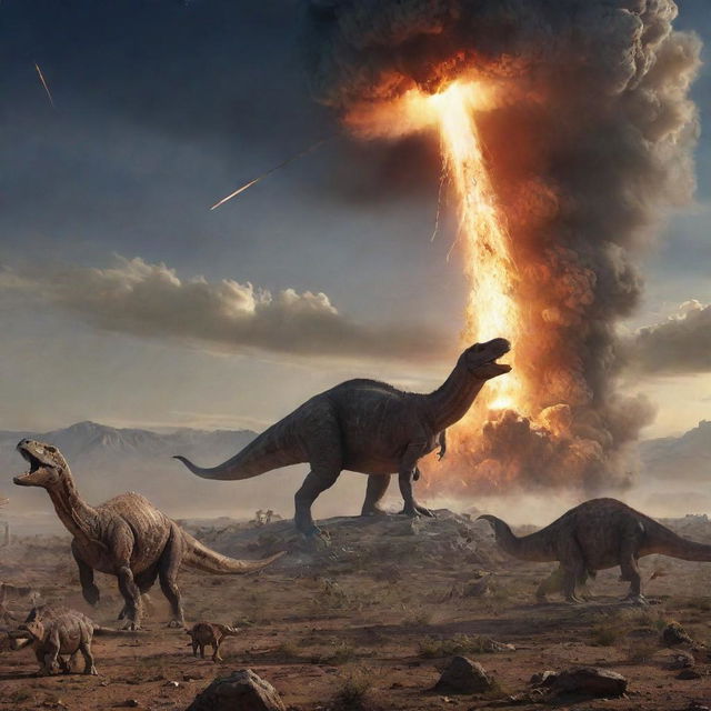 The previously serene prehistoric landscape from 65 million years ago now transformed as a meteor plummets down, illuminating the sky. Dinosaurs scatter in every direction, creating a startling scene of chaos and movement.