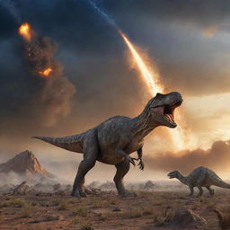 The previously serene prehistoric landscape from 65 million years ago now transformed as a meteor plummets down, illuminating the sky. Dinosaurs scatter in every direction, creating a startling scene of chaos and movement.