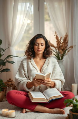 A powerful and inspiring depiction of a woman sitting in a serene and peaceful room, practicing mindfulness and self-care to cope with chronic endometriosis and adenomyosis
