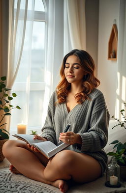 A powerful and inspiring depiction of a woman sitting in a serene and peaceful room, practicing mindfulness and self-care to cope with chronic endometriosis and adenomyosis
