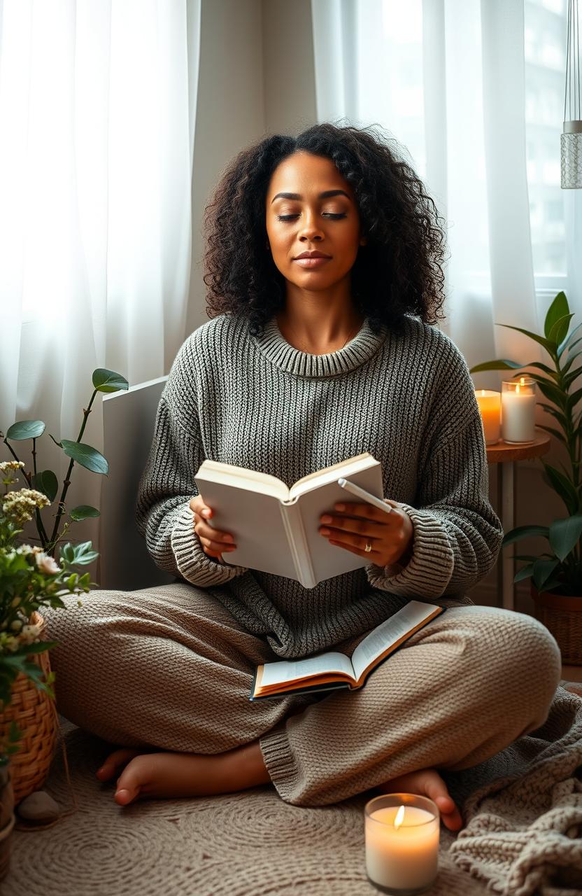 A powerful and inspiring depiction of a woman sitting in a serene and peaceful room, practicing mindfulness and self-care to cope with chronic endometriosis and adenomyosis