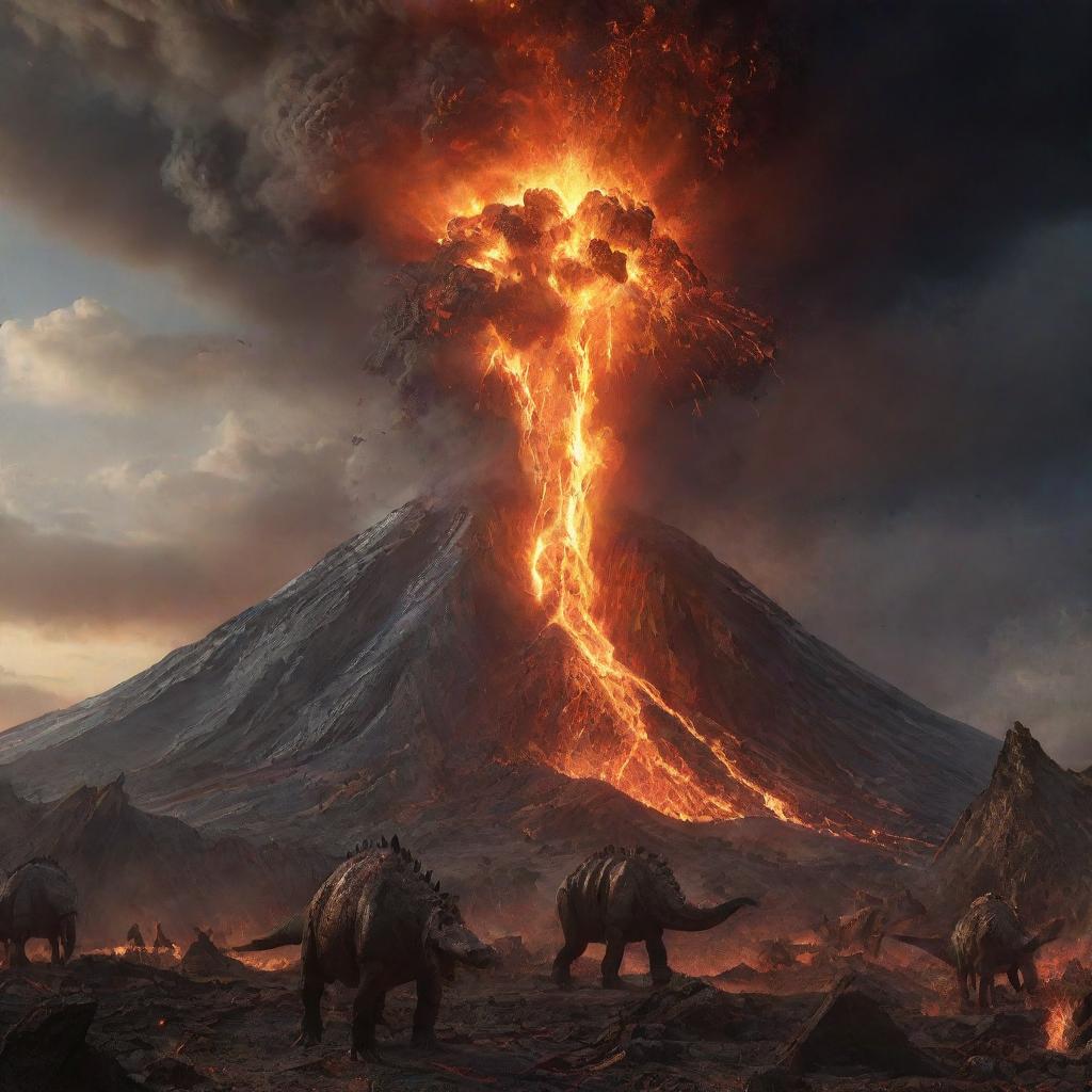 In the progressing prehistoric scene, a towering volcano suddenly erupts in the backdrop amidst the meteor chaos. It spews molten lava and ash into the sky, adding another daunting element to the dinosaur's frenzied escape.