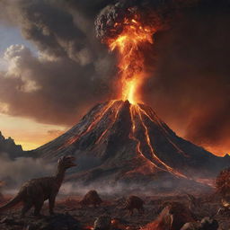 In the progressing prehistoric scene, a towering volcano suddenly erupts in the backdrop amidst the meteor chaos. It spews molten lava and ash into the sky, adding another daunting element to the dinosaur's frenzied escape.