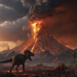 In the progressing prehistoric scene, a towering volcano suddenly erupts in the backdrop amidst the meteor chaos. It spews molten lava and ash into the sky, adding another daunting element to the dinosaur's frenzied escape.