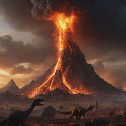 In the progressing prehistoric scene, a towering volcano suddenly erupts in the backdrop amidst the meteor chaos. It spews molten lava and ash into the sky, adding another daunting element to the dinosaur's frenzied escape.