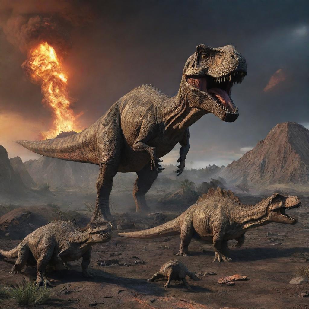 The prehistoric scene now depicts a somber aftermath. Dinosaurs lay motionless, having succumbed to the meteor impact and volcanic eruption. Their skeletal remnants litter the landscape, telling a silent tale of their abrupt end.