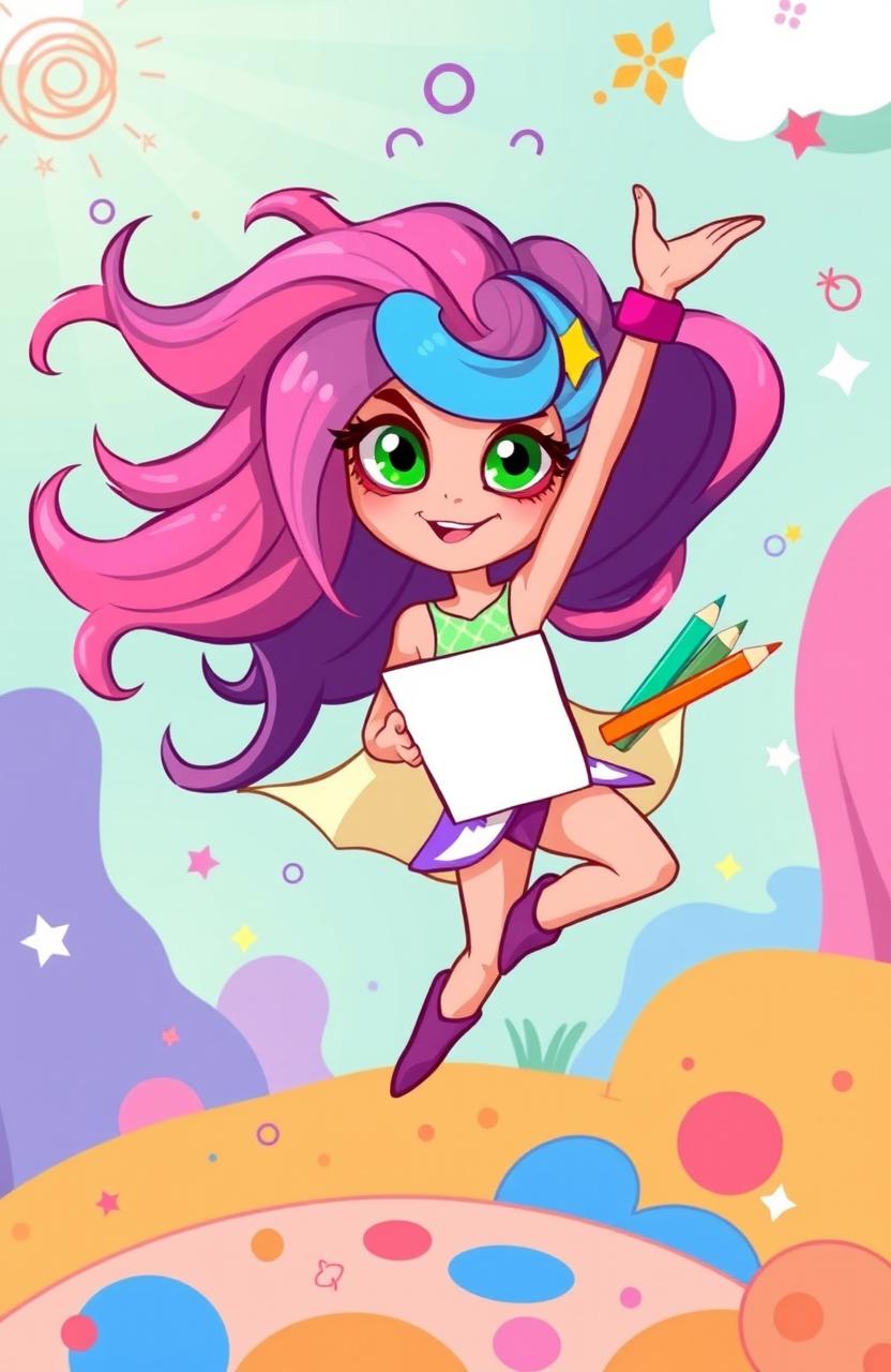 A vibrant cartoon character named Super Sarah, a dynamic superhero with the unique talents of drawing and gymnastics