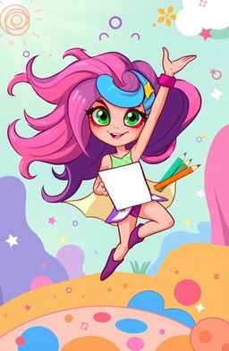 A vibrant cartoon character named Super Sarah, a dynamic superhero with the unique talents of drawing and gymnastics