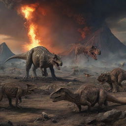 The prehistoric scene now depicts a somber aftermath. Dinosaurs lay motionless, having succumbed to the meteor impact and volcanic eruption. Their skeletal remnants litter the landscape, telling a silent tale of their abrupt end.