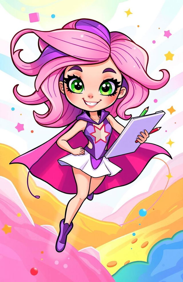 A vibrant cartoon character named Super Sarah, a dynamic superhero with the unique talents of drawing and gymnastics