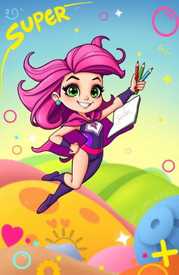 A vibrant cartoon character named Super Sarah, a dynamic superhero with the unique talents of drawing and gymnastics