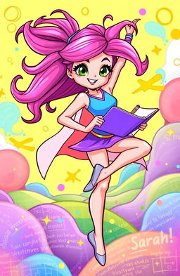 A vibrant cartoon character named Super Sarah, a dynamic superhero with the unique talents of drawing and gymnastics