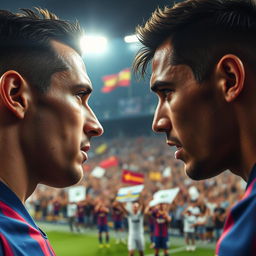 A detailed, close-up view capturing a key moment in an El Clasico match between Barcelona and Real Madrid