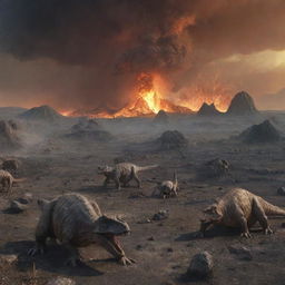 The prehistoric scene now depicts a somber aftermath. Dinosaurs lay motionless, having succumbed to the meteor impact and volcanic eruption. Their skeletal remnants litter the landscape, telling a silent tale of their abrupt end.