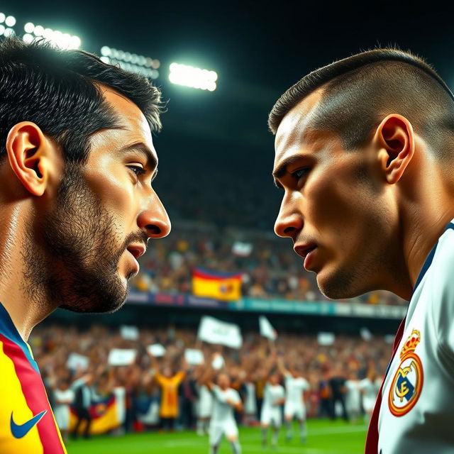 A detailed, close-up view capturing a key moment in an El Clasico match between Barcelona and Real Madrid