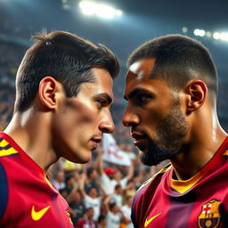 A detailed, close-up view capturing a key moment in an El Clasico match between Barcelona and Real Madrid