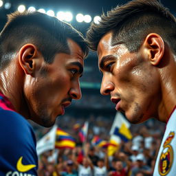 A detailed, close-up view capturing a key moment in an El Clasico match between Barcelona and Real Madrid