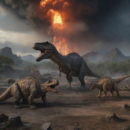 The prehistoric scene now depicts a somber aftermath. Dinosaurs lay motionless, having succumbed to the meteor impact and volcanic eruption. Their skeletal remnants litter the landscape, telling a silent tale of their abrupt end.