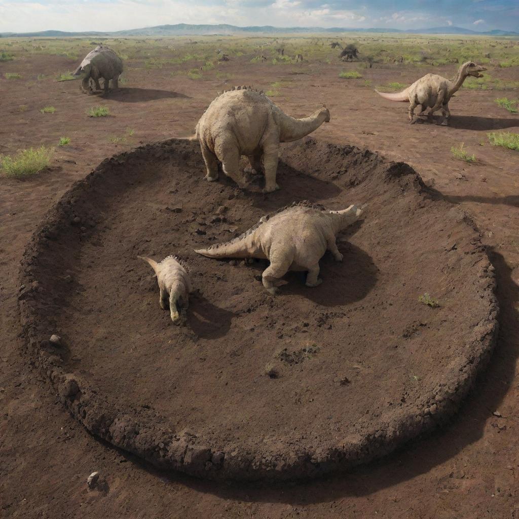 Transitioning to a time after the catastrophic events, the prehistoric landscape now shows the earth reclaiming the fallen dinosaurs. Their remains are gradually absorbed into the soil, marking the circle of life.