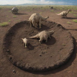 Transitioning to a time after the catastrophic events, the prehistoric landscape now shows the earth reclaiming the fallen dinosaurs. Their remains are gradually absorbed into the soil, marking the circle of life.