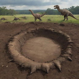 Transitioning to a time after the catastrophic events, the prehistoric landscape now shows the earth reclaiming the fallen dinosaurs. Their remains are gradually absorbed into the soil, marking the circle of life.