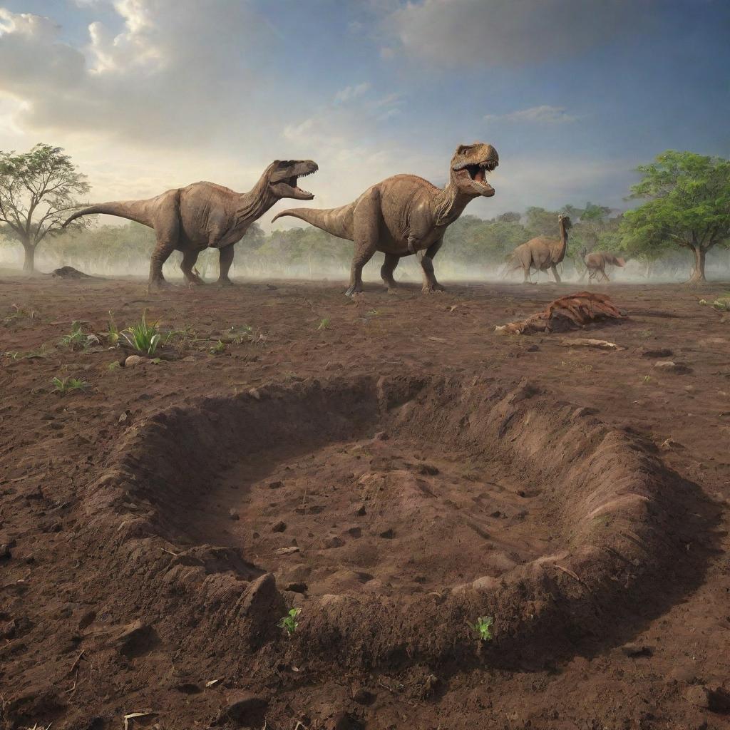 Transitioning to a time after the catastrophic events, the prehistoric landscape now shows the earth reclaiming the fallen dinosaurs. Their remains are gradually absorbed into the soil, marking the circle of life.