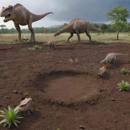 Transitioning to a time after the catastrophic events, the prehistoric landscape now shows the earth reclaiming the fallen dinosaurs. Their remains are gradually absorbed into the soil, marking the circle of life.