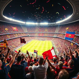 A vibrant stadium panorama of El Clasico from the perspective of enthusiastic fans, showcasing a sea of red, blue, and white colors in the stands