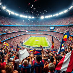 A vibrant stadium panorama of El Clasico from the perspective of enthusiastic fans, showcasing a sea of red, blue, and white colors in the stands
