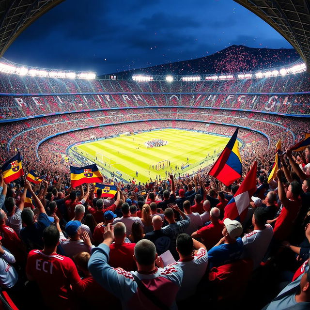 A vibrant stadium panorama of El Clasico from the perspective of enthusiastic fans, showcasing a sea of red, blue, and white colors in the stands