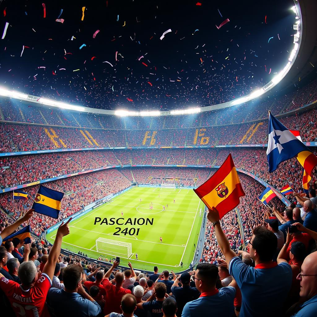 A vibrant stadium panorama of El Clasico from the perspective of enthusiastic fans, showcasing a sea of red, blue, and white colors in the stands