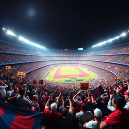 A dynamic stadium panorama of El Clasico depicted from the viewpoint of excited fans, with a vibrant sea of red, blue, and white colors filling the packed stands